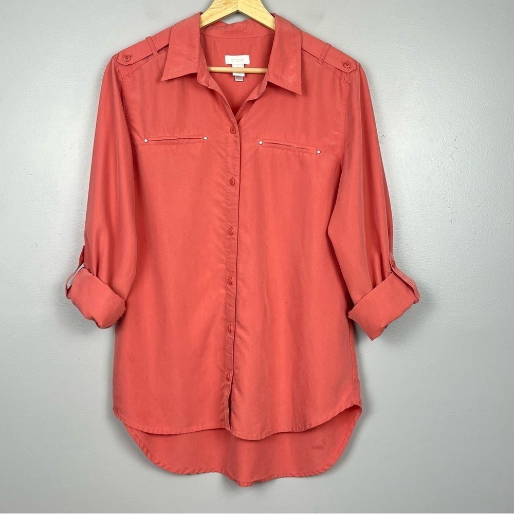 Chico’s dusty coral modal poly blend roll tab sleeve button front shirt, medium.